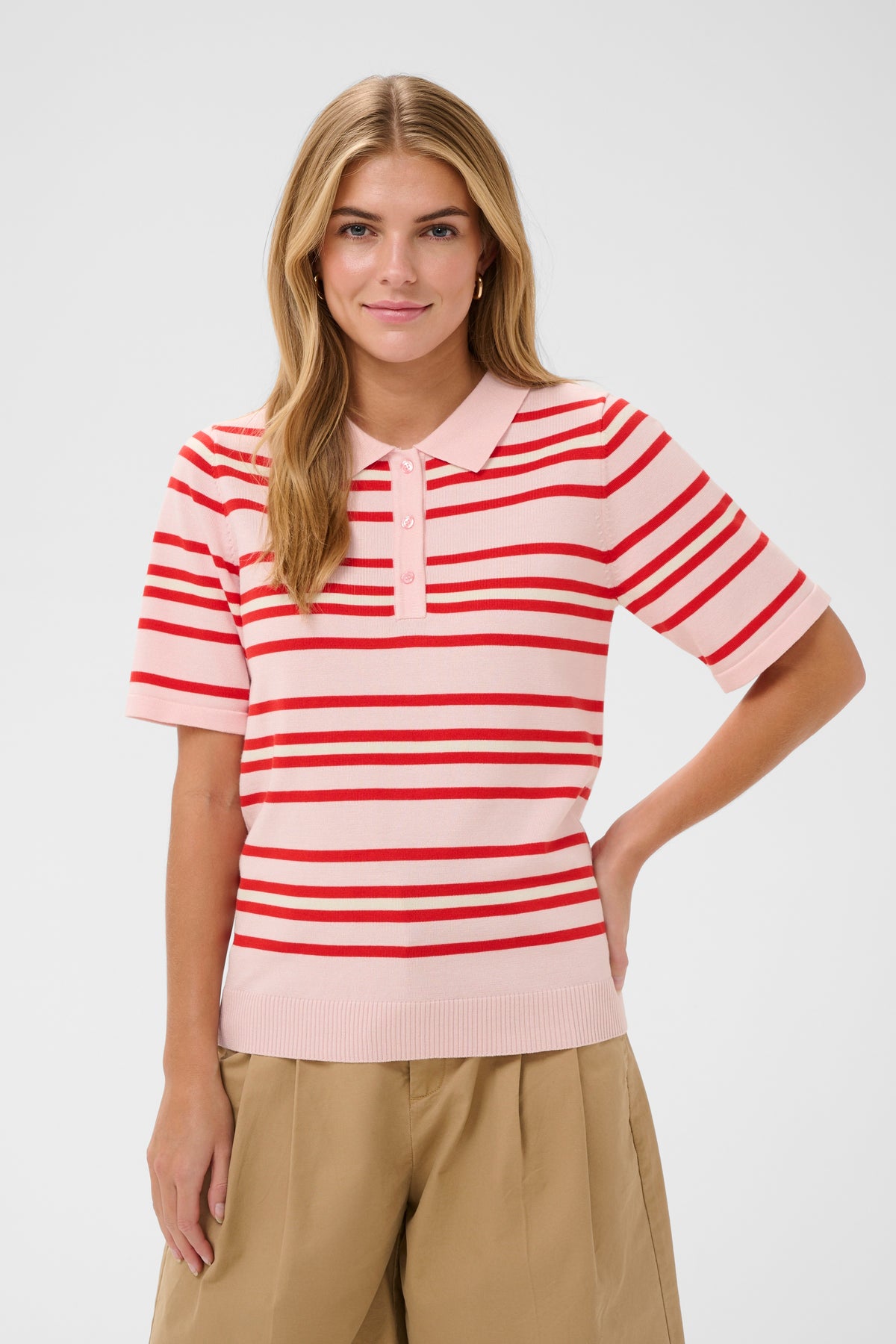 Pila Short Sleeve Polo Pullover | Chalk Pink/Red Stripe